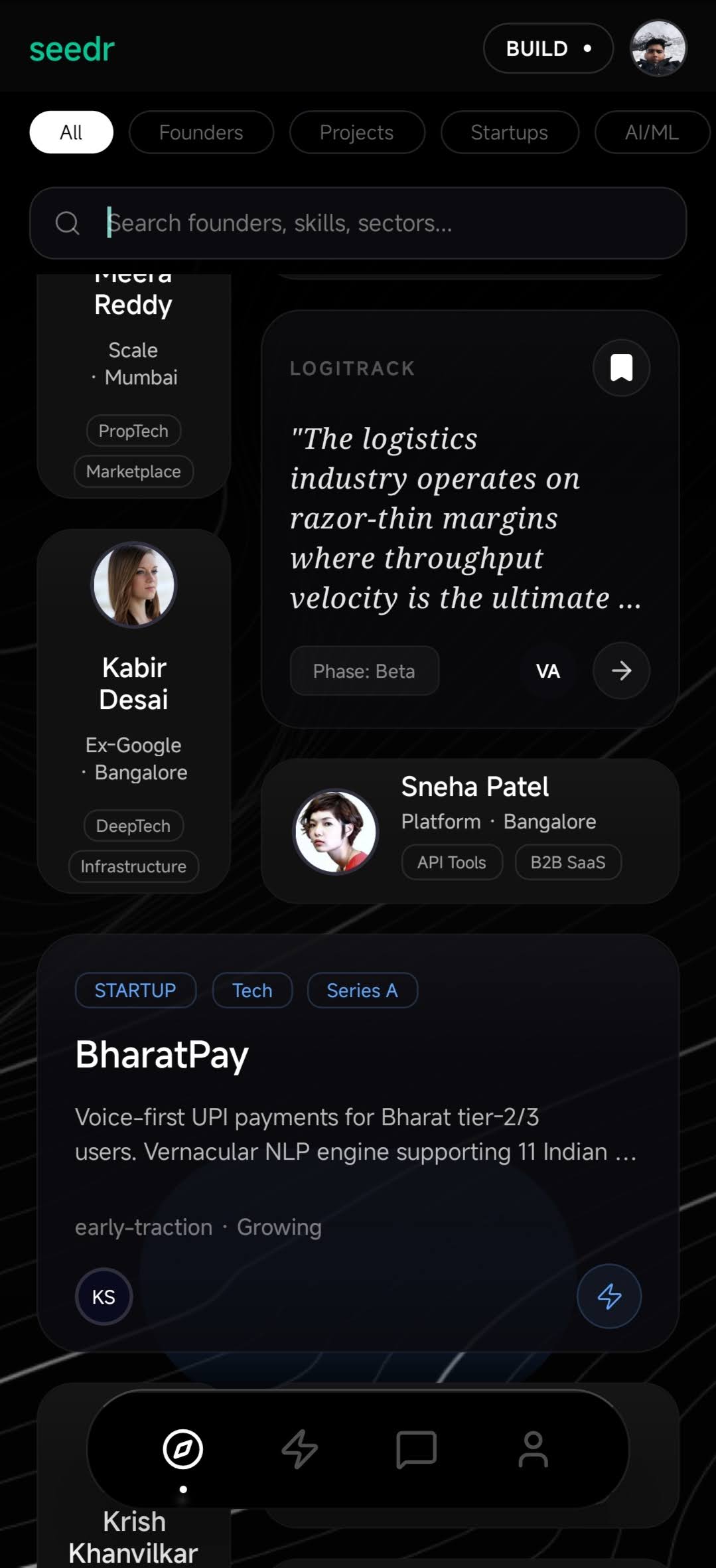 Seedr discover feed with founders, projects and startups
