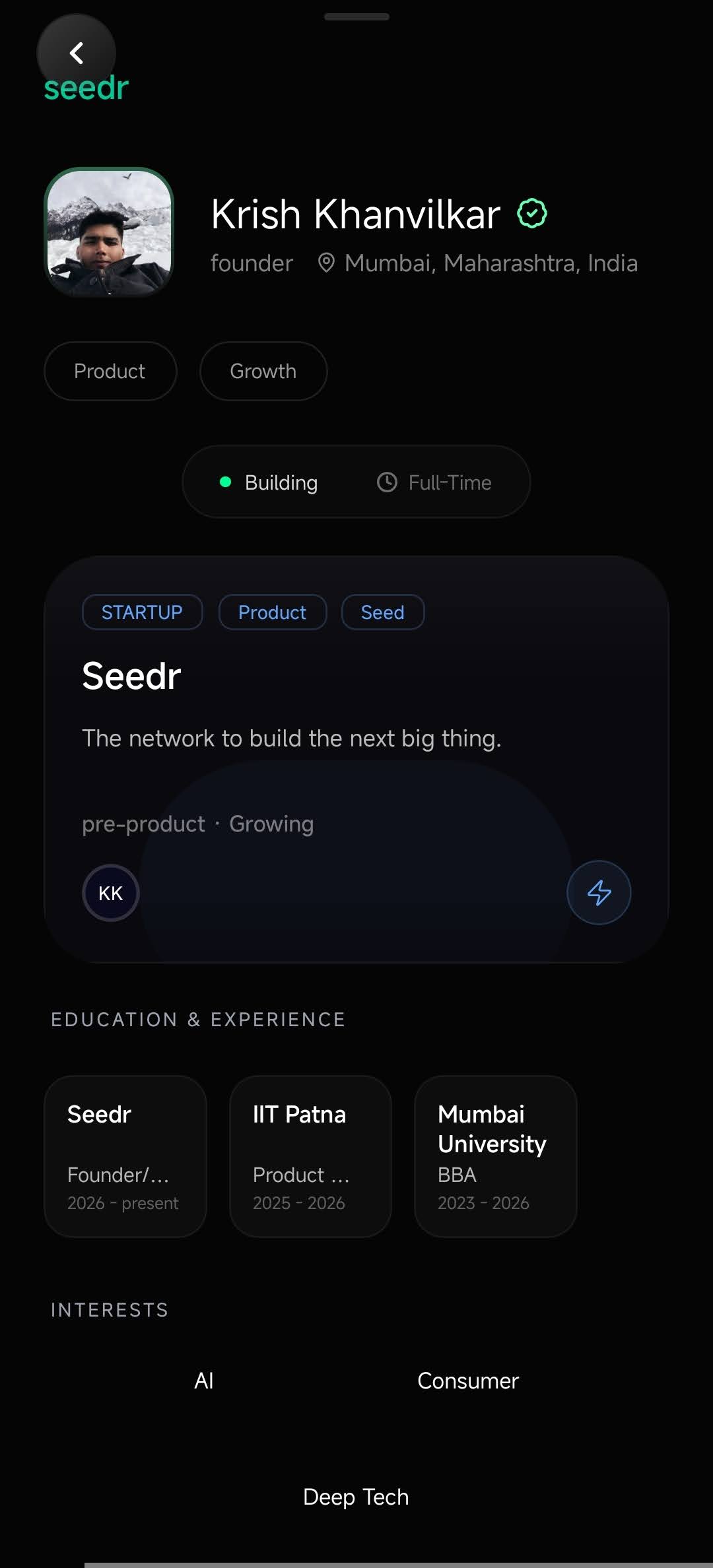 Verified founder profile with venture, experience and interests