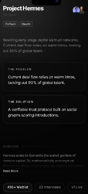 Project Hermes venture page with problem and solution